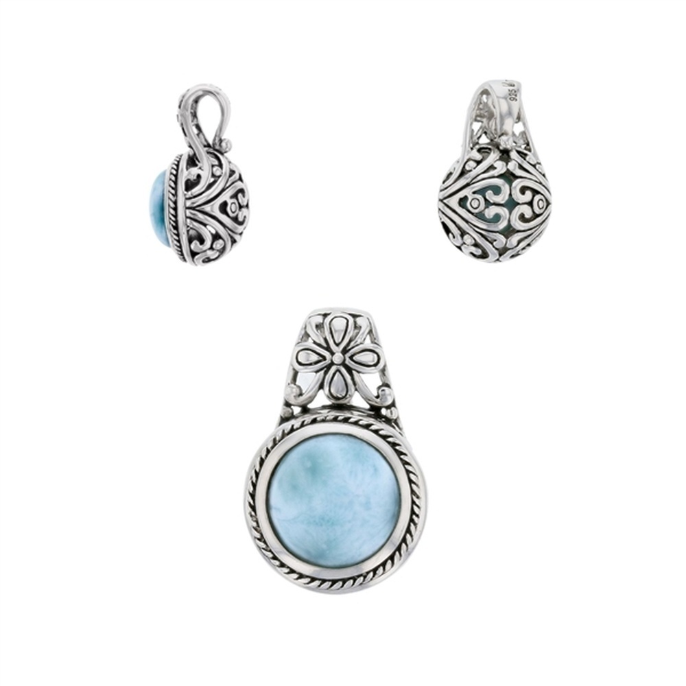 925 Sterling  Silver Larimar Round Puffed Vintage Pendant  5.38 gm